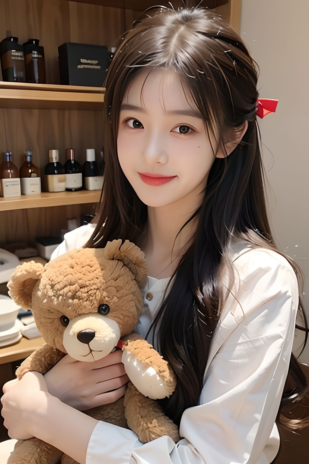  1girl, solo, stuffed toy, stuffed animal, long hair, bow, looking at viewer, hair bow, smile, black hair, ribbon, brown hair, upper body, teddy bear, bangs,1 girl,1girl,moyou