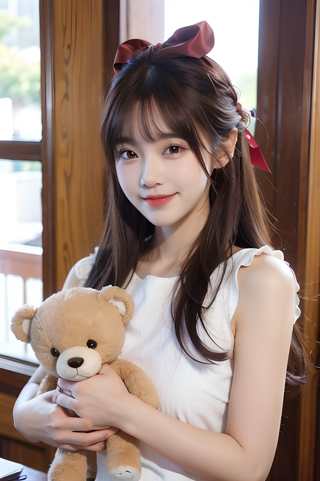 1girl, solo, stuffed toy, stuffed animal, long hair, bow, looking at viewer, hair bow, smile, black hair, ribbon, brown hair, upper body, teddy bear, bangs,1 girl,1girl,moyou