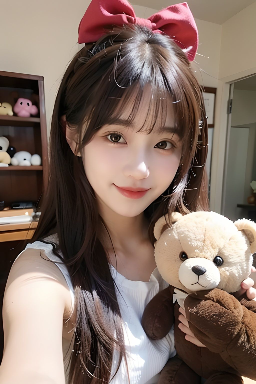  1girl, solo, stuffed toy, stuffed animal, long hair, bow, looking at viewer, hair bow, smile, black hair, ribbon, brown hair, upper body, teddy bear, bangs,1 girl,1girl,moyou