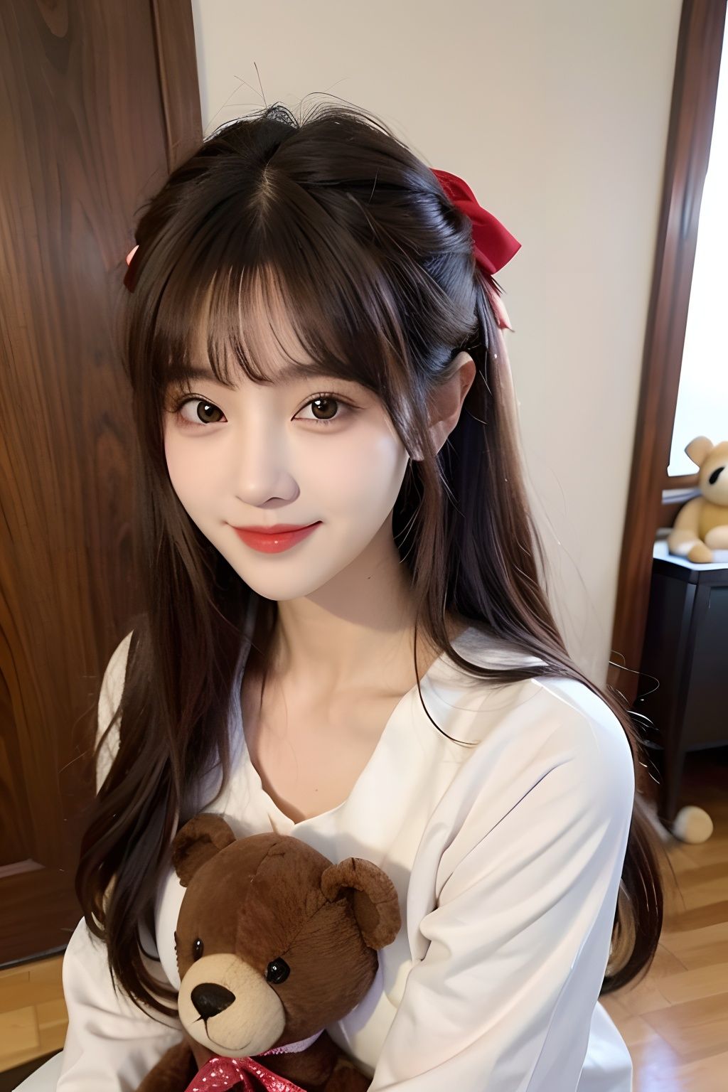  1girl, solo, stuffed toy, stuffed animal, long hair, bow, looking at viewer, hair bow, smile, black hair, ribbon, brown hair, upper body, teddy bear, bangs,1 girl,1girl,moyou