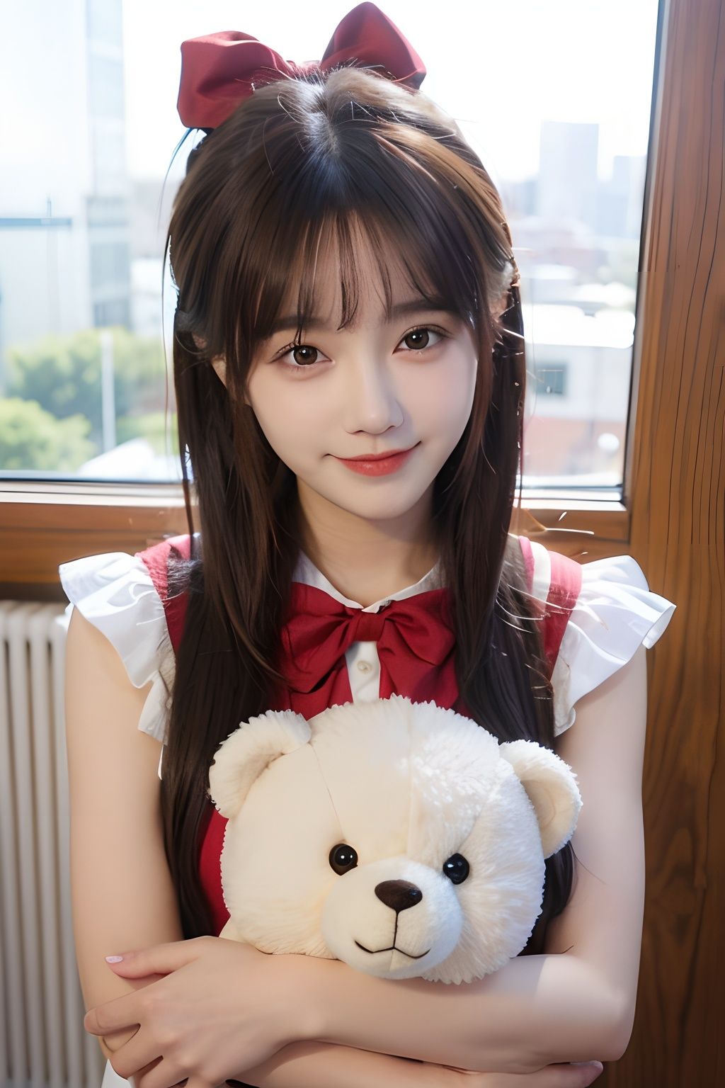  1girl, solo, stuffed toy, stuffed animal, long hair, bow, looking at viewer, hair bow, smile, black hair, ribbon, brown hair, upper body, teddy bear, bangs,1 girl,1girl,moyou