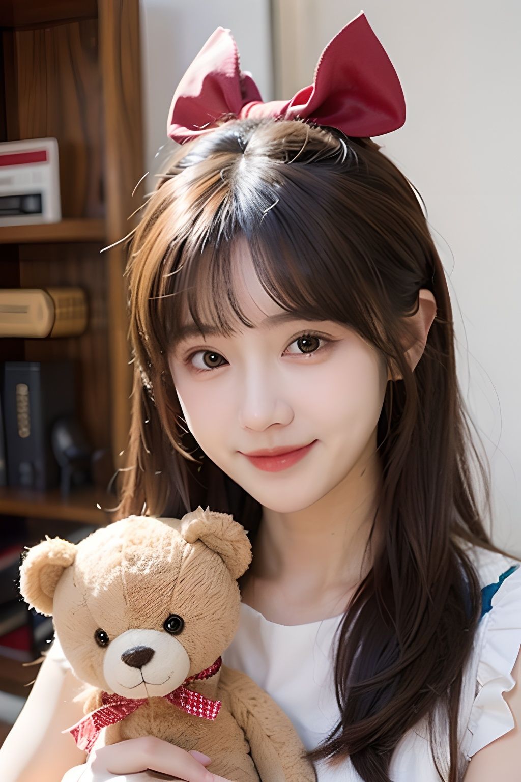  1girl, solo, stuffed toy, stuffed animal, long hair, bow, looking at viewer, hair bow, smile, black hair, ribbon, brown hair, upper body, teddy bear, bangs,1 girl,1girl,moyou