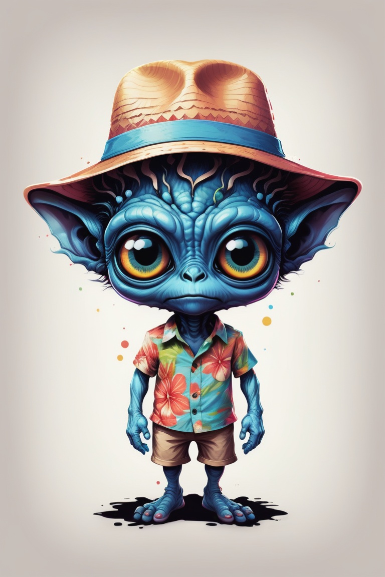 Excellence masterpice T-shirt design illustration of an {Charming miniature humanoid alien with large expressive eyes,  dr...