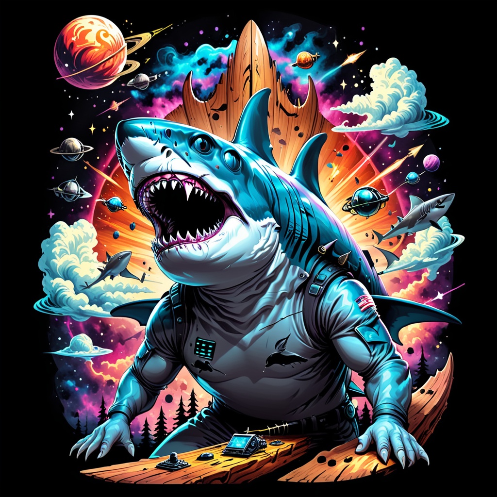 Excellence masterpice T-shirt design illustration Colossal Nebula Navigator,  Shark Fin Antenna,  Electrochromic Glass on...