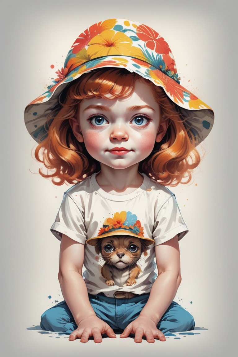 Excellence masterpice T-shirt design illustration of an {cute Sadie Sink child girl with large expressive eyes,  ,  in a H...