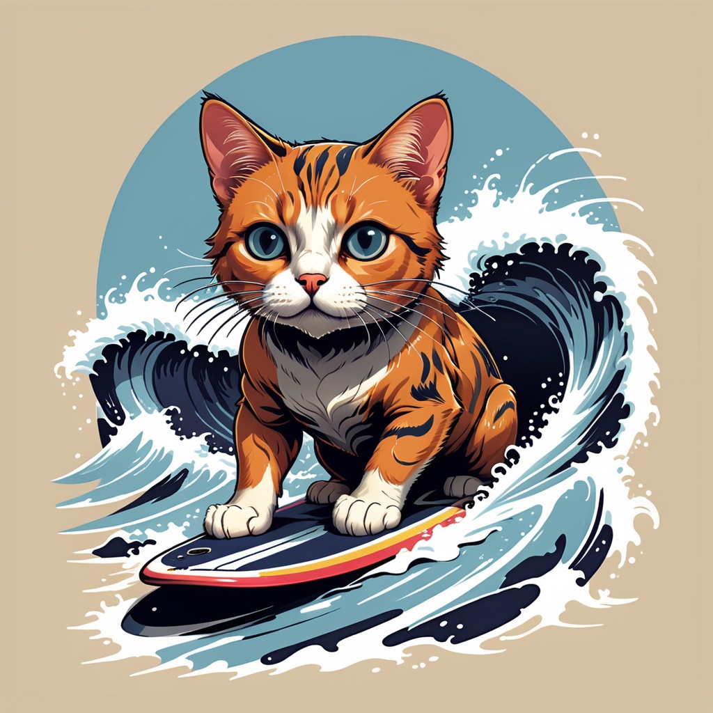 Excellence masterpice T-shirt design illustration of of an cat surffing,  sharper,  clean lines on Tensor.Art