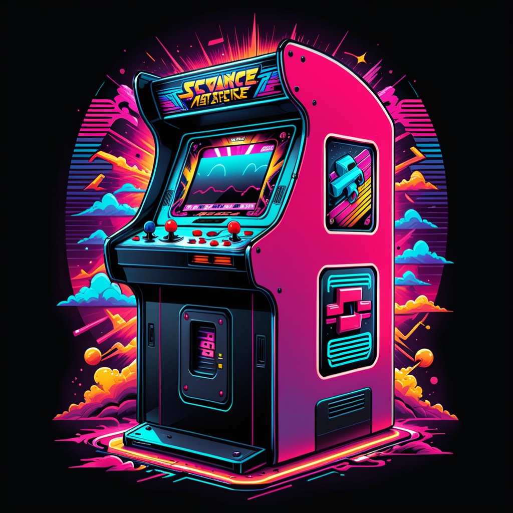Excellence masterpice T-shirt design illustration of an Synthwave retro arcade machine,  sharper,  clean lines on Tensor.Art
