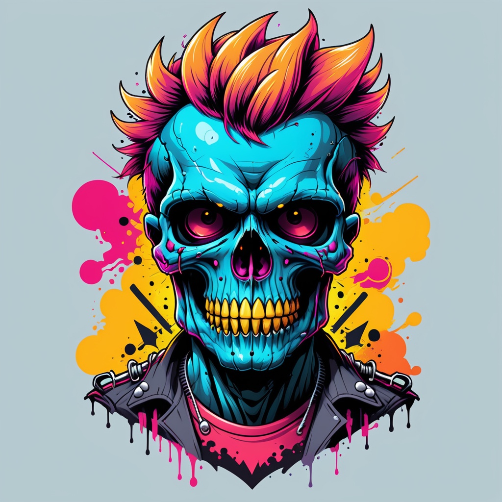 Excellence masterpice T-shirt design illustration of an colorful punk skull,  sharper,  clean lines on Tensor.Art