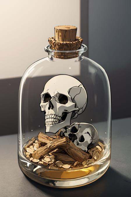 no humans,  skull inside a glass bottle on Tensor.Art