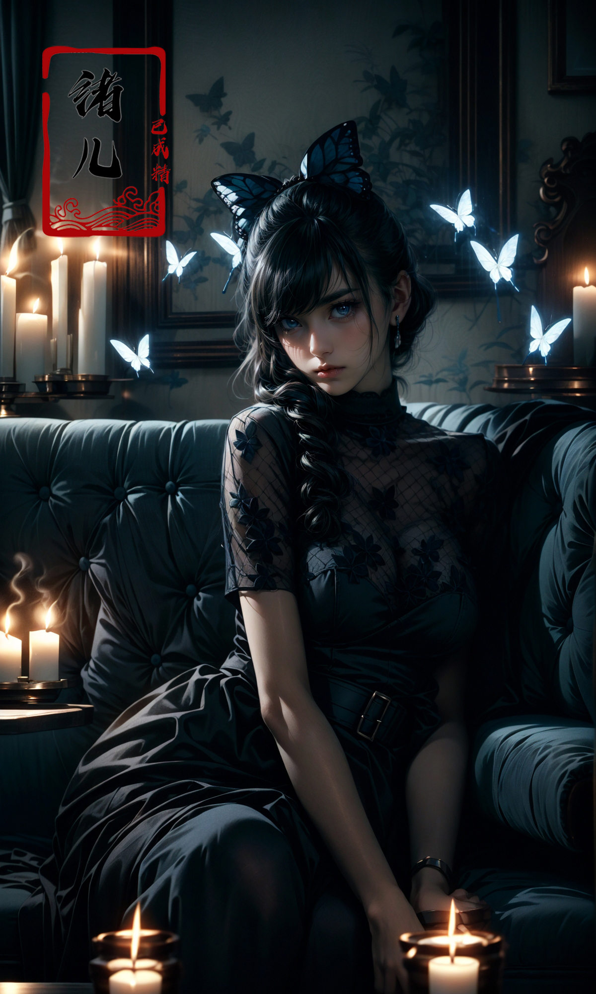with a girl on a sofa surrounded by candles,  matte photo,  dark gray and blue on Tensor.Art