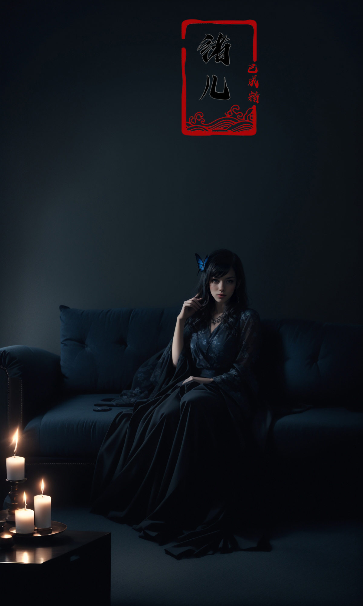 cinematic sets,  dark wallpaper,  with a girl on a sofa surrounded by candles on Tensor.Art