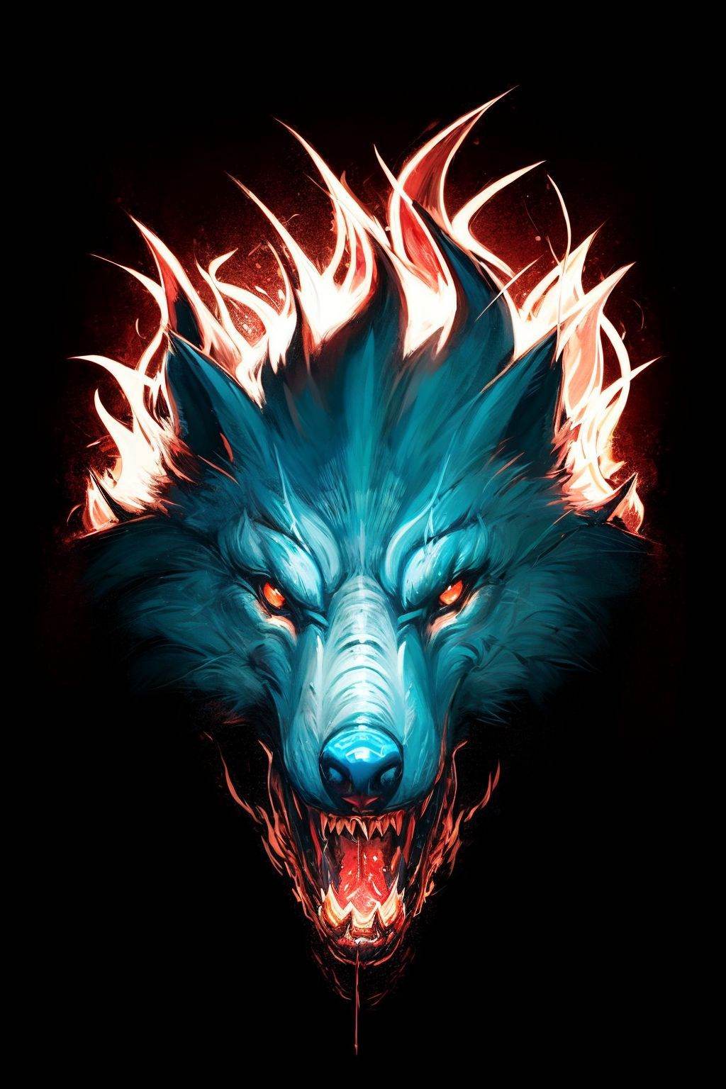 symetric werewolf head,  with flames around it on Tensor.Art