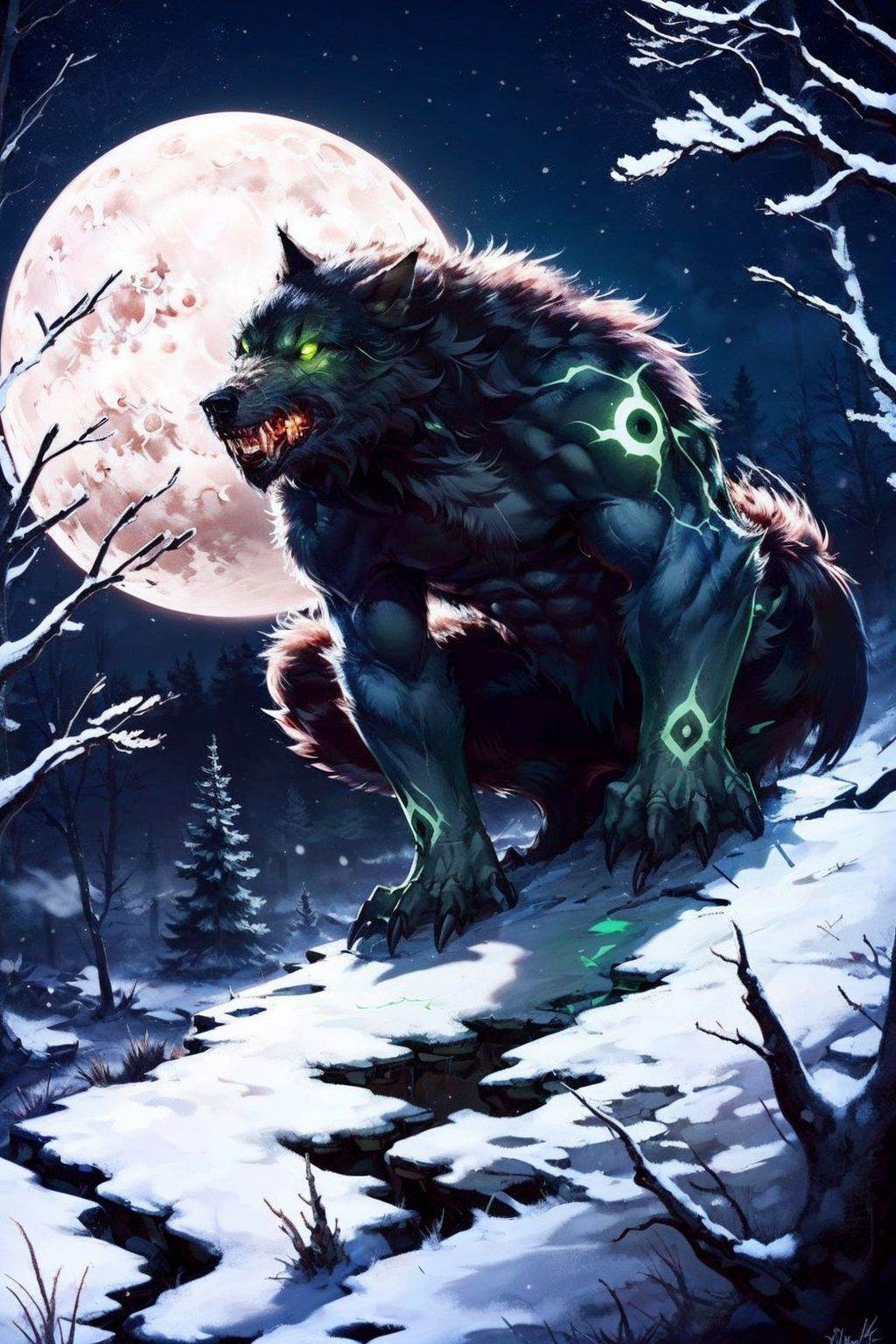 werewolf with glowing green eyes,  in the woods,  moon in the background on Tensor.Art