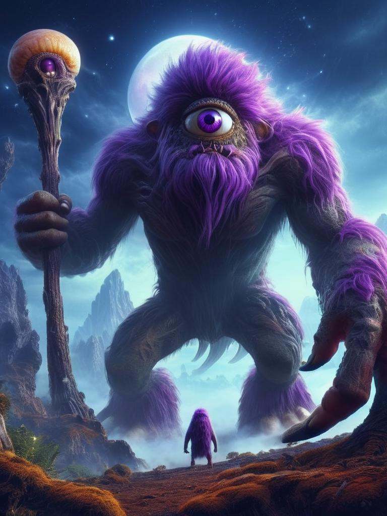 giant monster in alien planet with view over purple galaxy and light reflecting from the surface,  digital art,  cyclops o...
