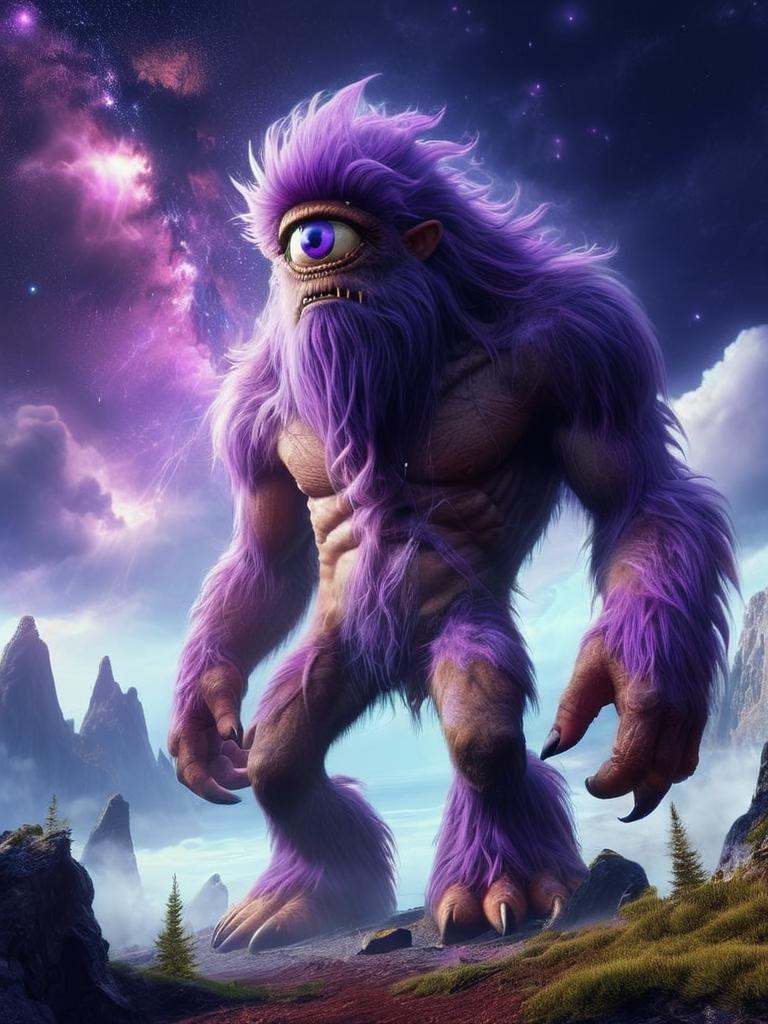 giant monster in alien planet with view over purple galaxy and light reflecting from the surface,  digital art,  cyclops o...