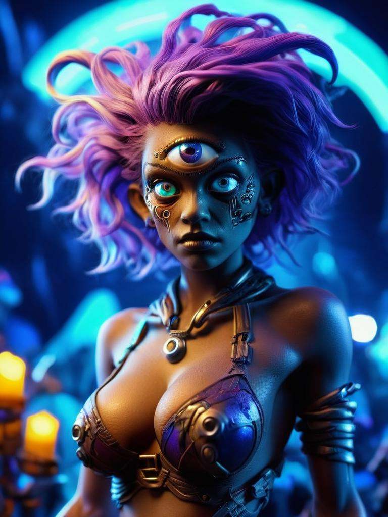 monster female with glowing metal legs and hands body in multicolor glowing background perfect cyberpunk with fully loaded...