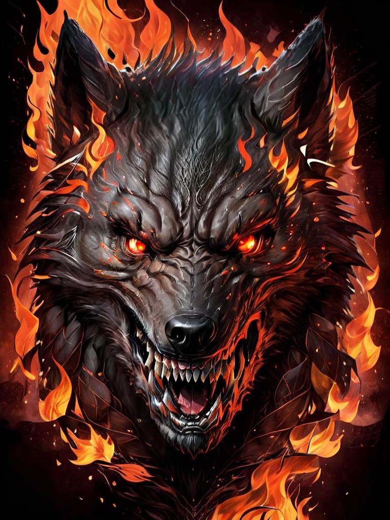 symetric werewolf head,  with flames around it on Tensor.Art
