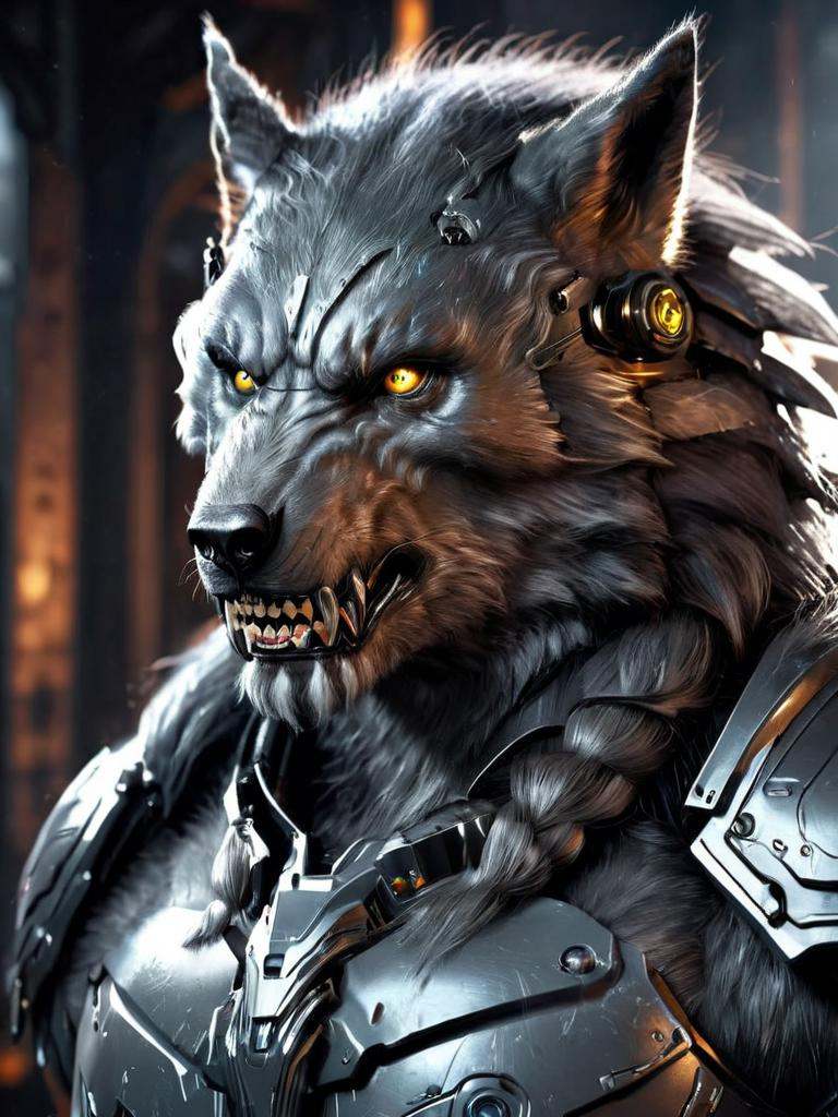Portrait painting of a cybernetic grey werewolf with power armor,  ultra realistic,  concept art on Tensor.Art
