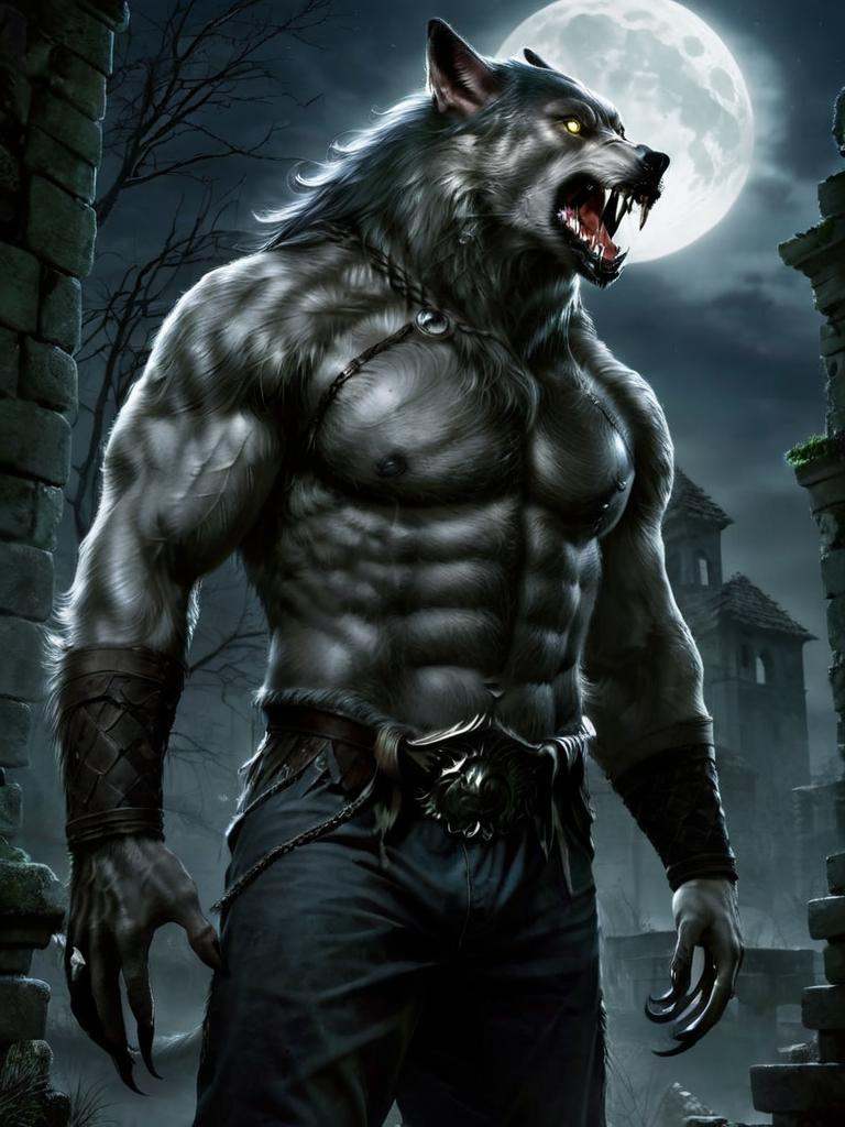 A werewolf stands towering in an abandoned haunted lost city. Moonlight highlights your muscles and scars. The scenery is...