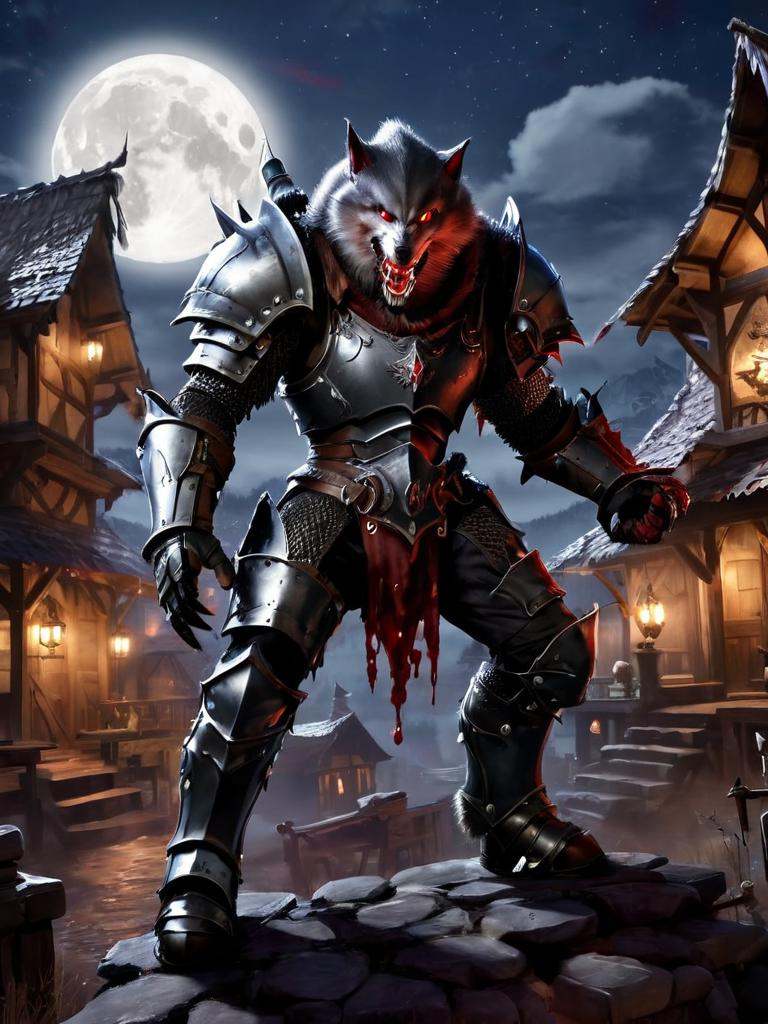 werewolf with bloody fangs,  ,  in a small medievil town on Tensor.Art