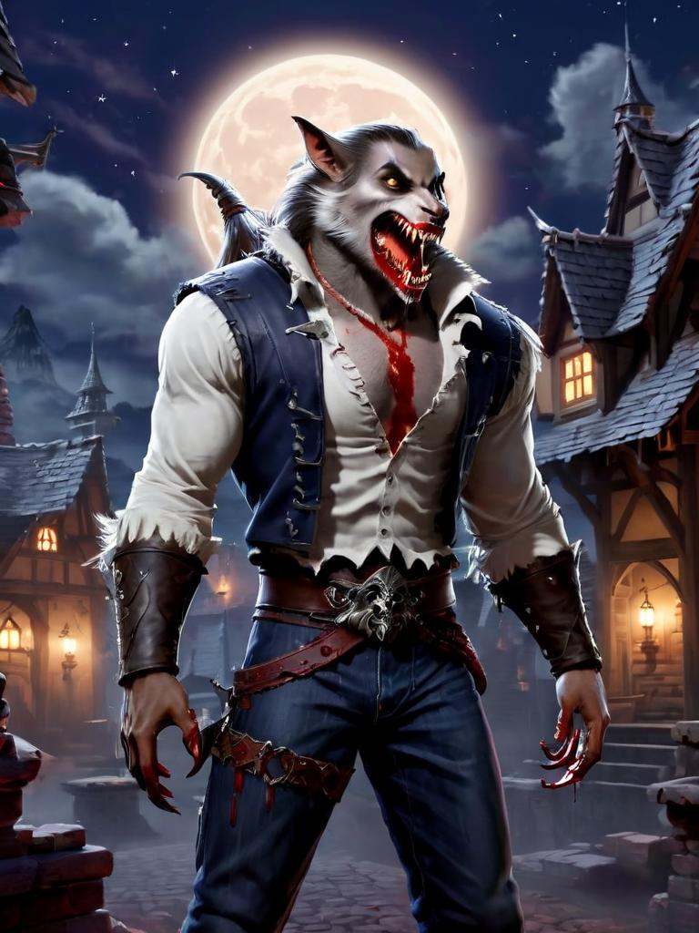 werewolf with bloody fangs,  in a small medievil town,  moon in the background on Tensor.Art