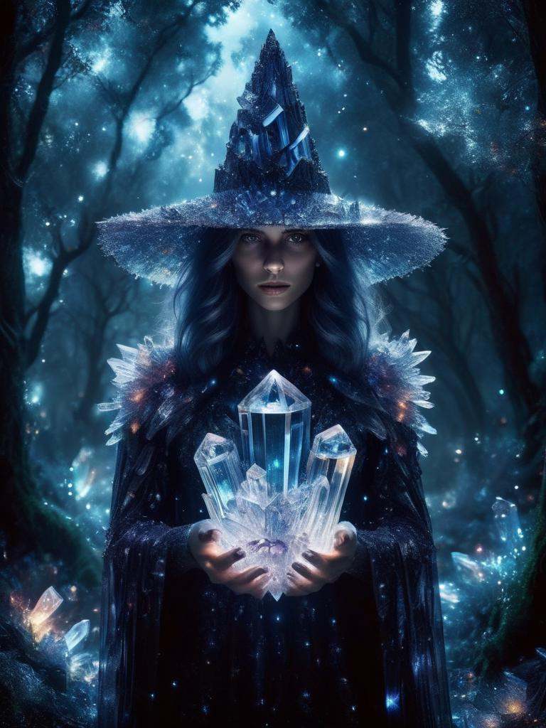 crystal witch in mystical forrest,  god ray from behind,  dark night on Tensor.Art