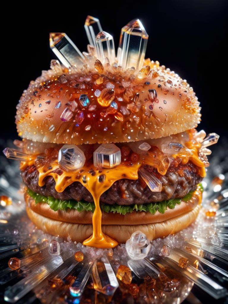 food photography photo of a crystal burger with molten cheese,  perfect bun,  maximum detail on Tensor.Art