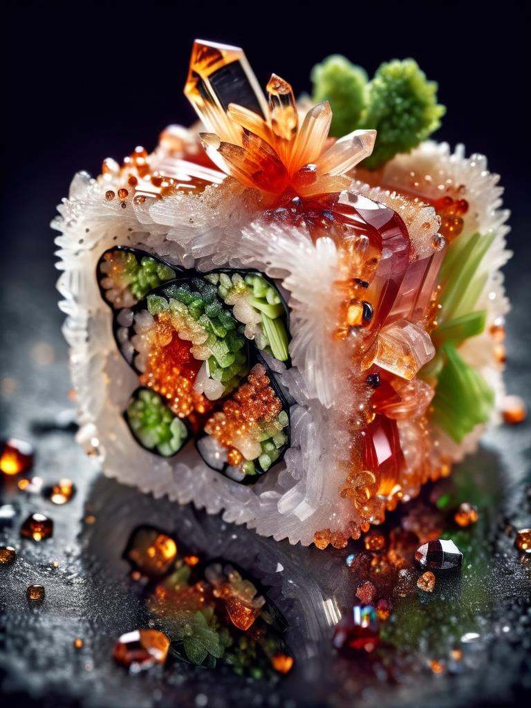 food photography photo of a crystal maki sushi with wasabi,  perfect roles,  maximum detail on Tensor.Art