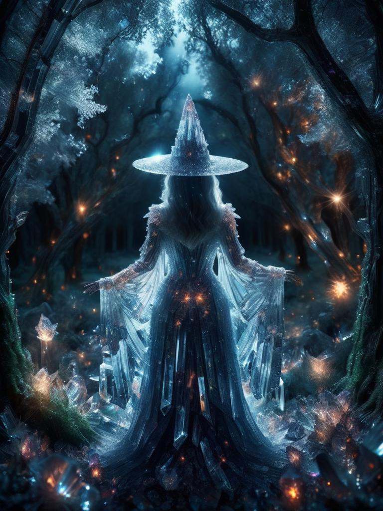 crystal witch front view in mystical forrest,  god ray light from behind,  dark night on Tensor.Art