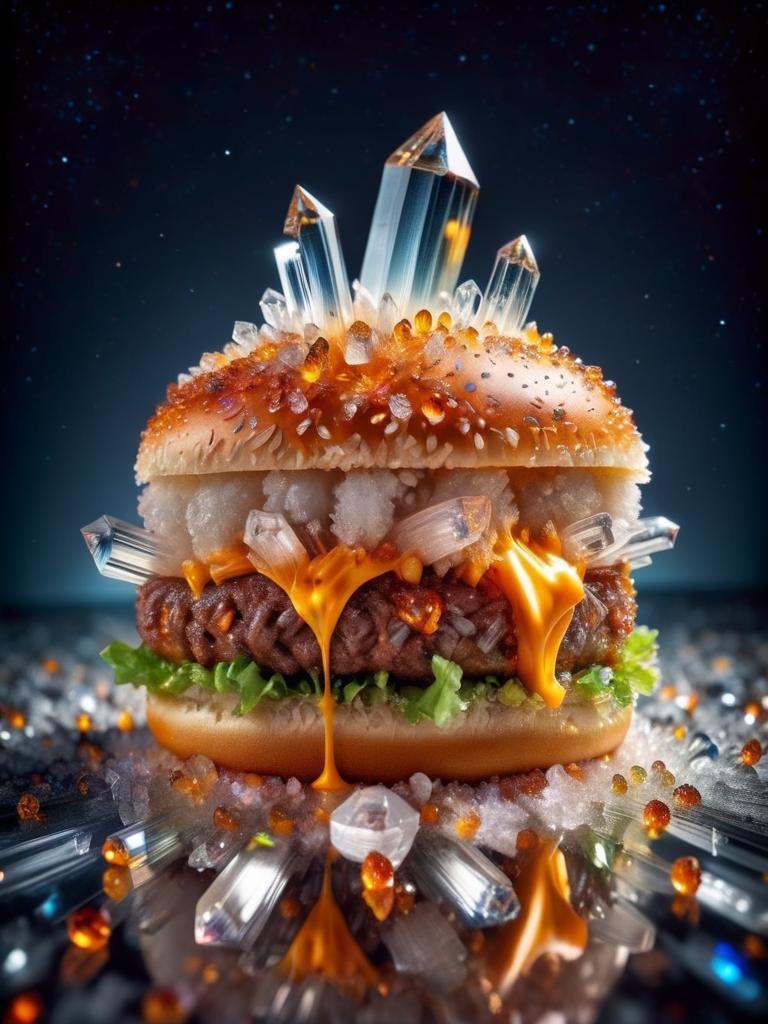 food photography photo of a crystal burger with cheese,  maximum detail,  foreground focus on Tensor.Art