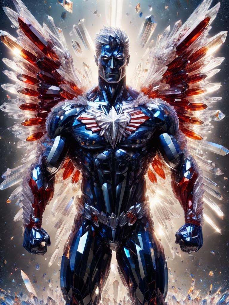 crystal superhero,  sprad wings,  american flag background on Tensor.Art