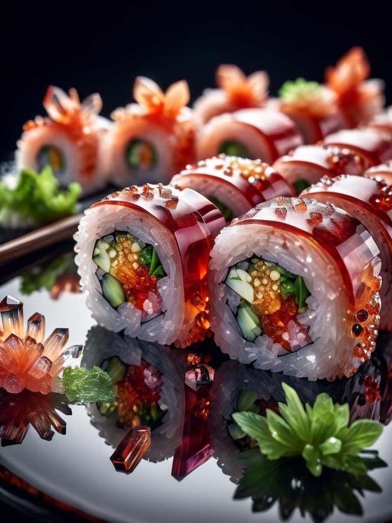 food photography photo of a crystal maki sushi with wasabi,  perfect roles,  maximum detail on Tensor.Art