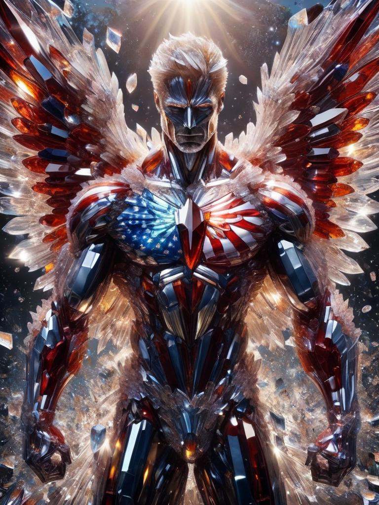 crystal superhero,  sprad wings,  american flag background on Tensor.Art