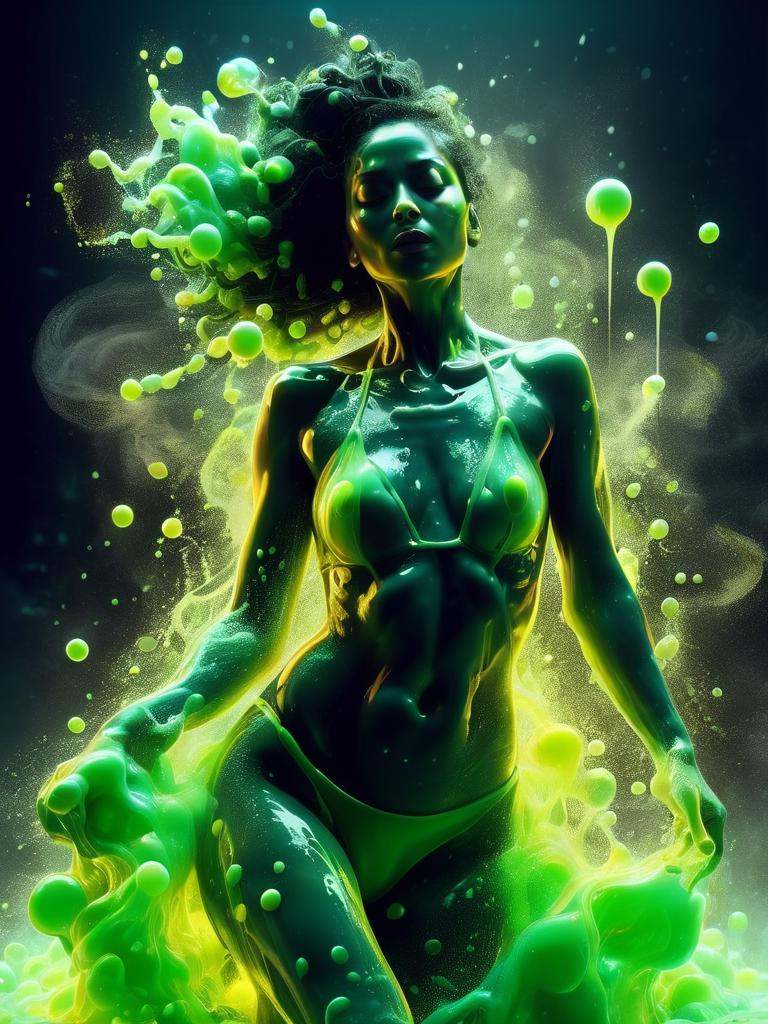 a woman in a swimwear,  body covered in a splashes of green acid,  acid water on Tensor.Art