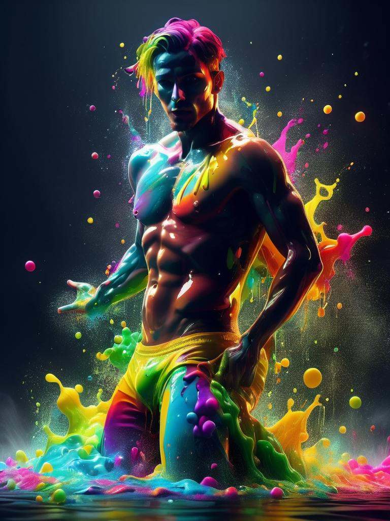 a man in a swimwear with a bulge body covered in a splashes of colourful dye,  dynamic pose,  4K on Tensor.Art