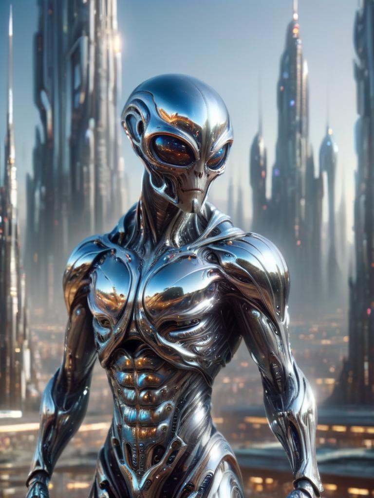 plaza,  futuristic chrome cityscape in background,  muscular (SebastianKross) wearing alienzkin on Tensor.Art