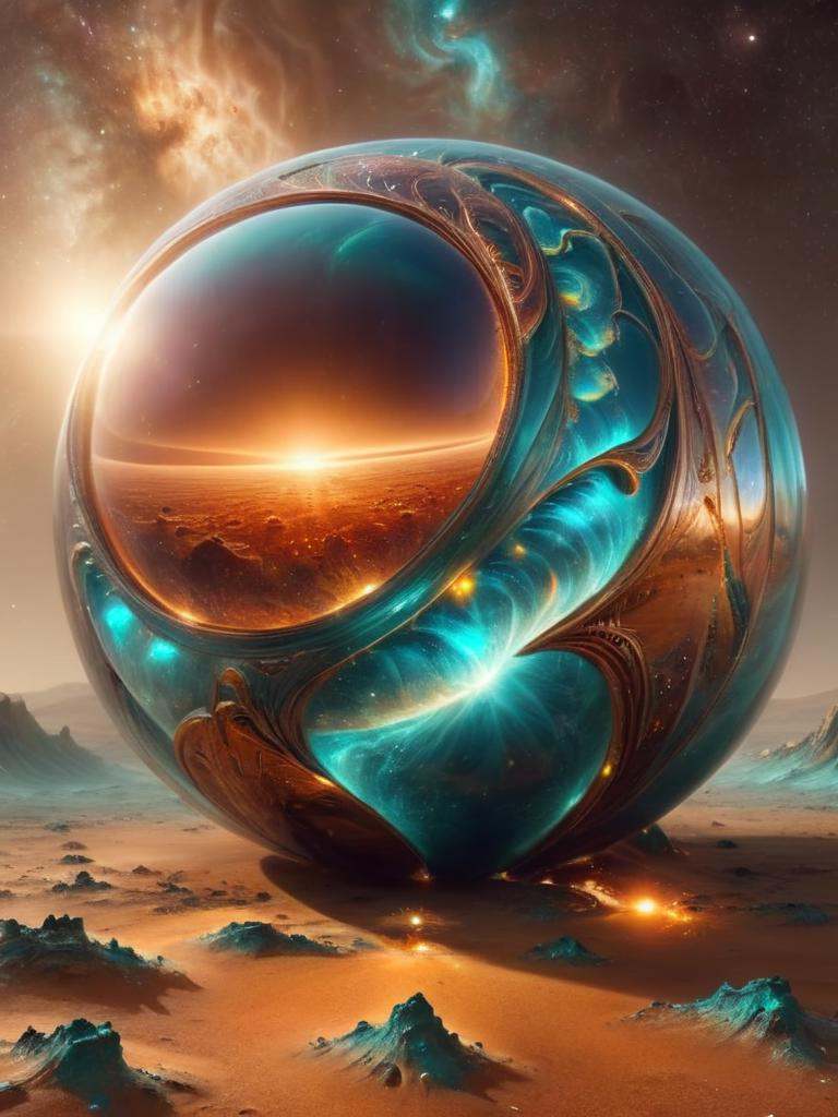 A bronze and teal planet beneath a tangerine sun submerged in a fractal jewel galaxy ,  alienzkin on Tensor.Art