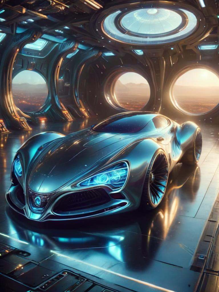 futuristic car,  in space hangar,  dim light on Tensor.Art