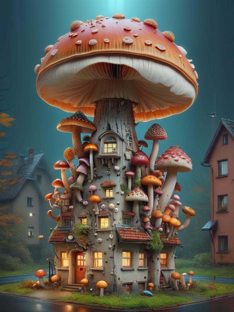 cute cartoon mushroom monsters and mushroom building a giant robot at night by goro fujita and simon stalenhag and wes and...