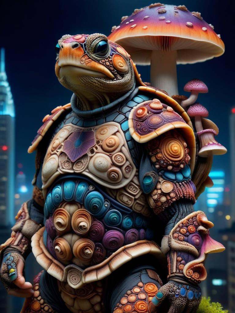 In this stunning piece,  a Tortle warrior emerges from the shadows of a neon-lit cityscape in the background with a dark n...