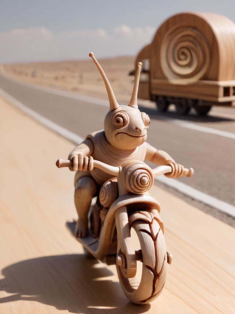 woodfigurez,  made out of wood,  snail riding a motorcycle on Tensor.Art