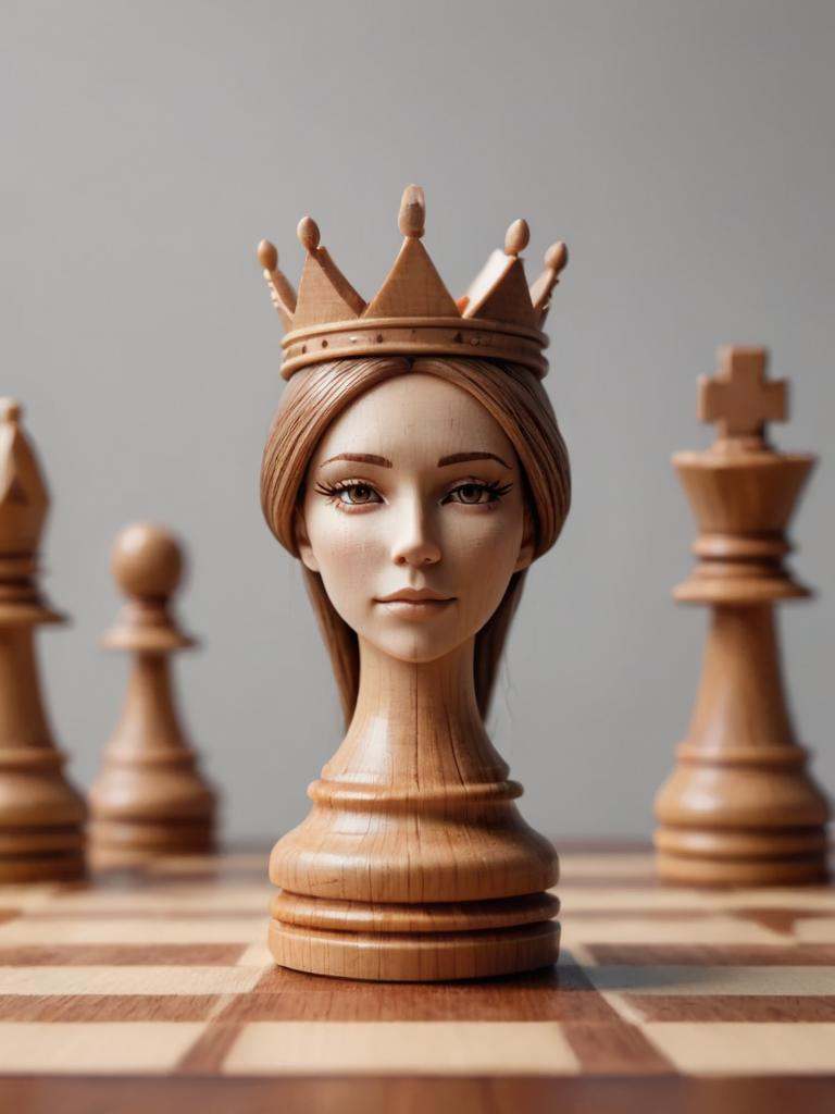 woodfigurez,  chessboard,  amazing looking wooden queen in focus on Tensor.Art