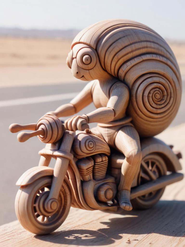 woodfigurez,  made out of wood,  snail riding a motorcycle on Tensor.Art