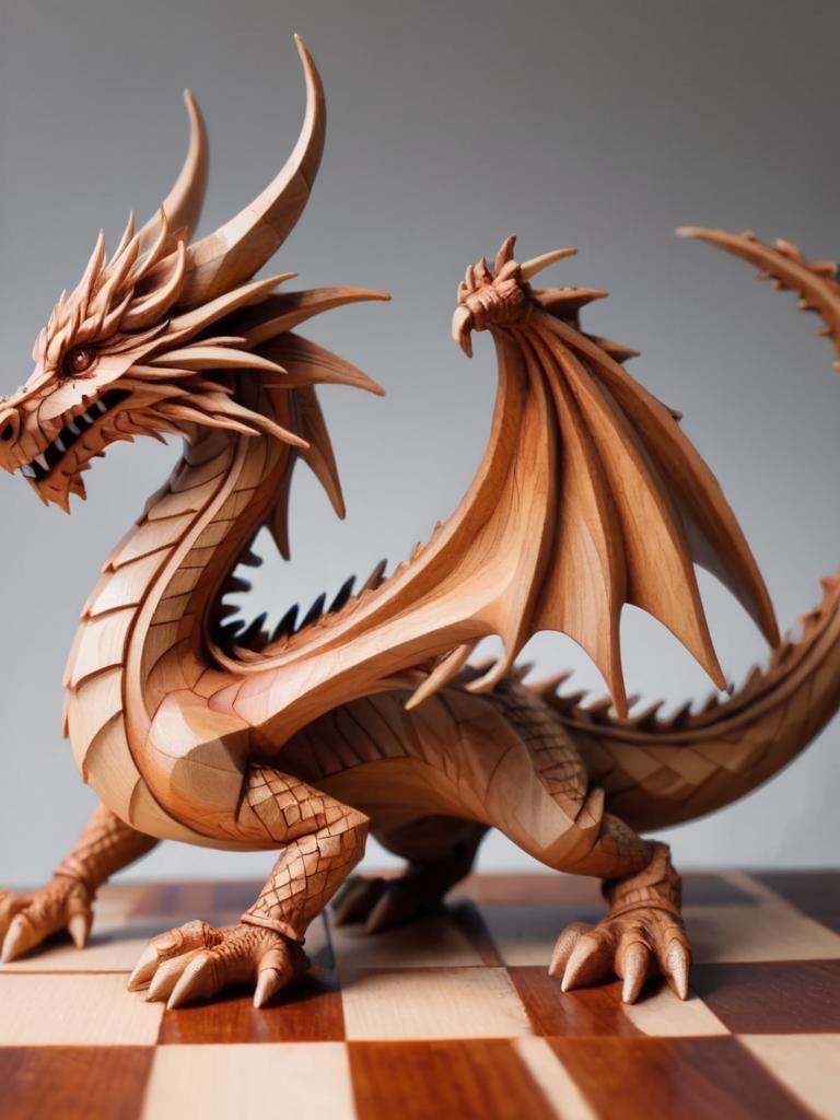 woodfigurez,  chessboard,  amazing looking wooden dragon on Tensor.Art