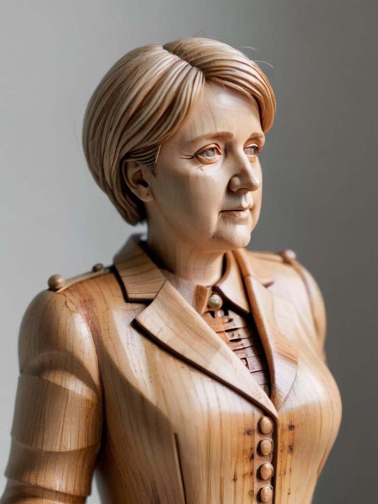 woodfigurez,  made out of wood,  aged angela merkel made out of wood on Tensor.Art