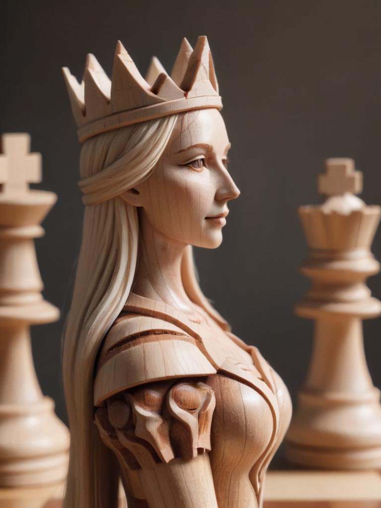 woodfigurez,  chessboard,  amazing looking wooden queen in focus on Tensor.Art