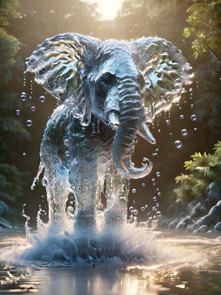 watce,  a elephant made out of water is standing in the water with bubbles on Tensor.Art