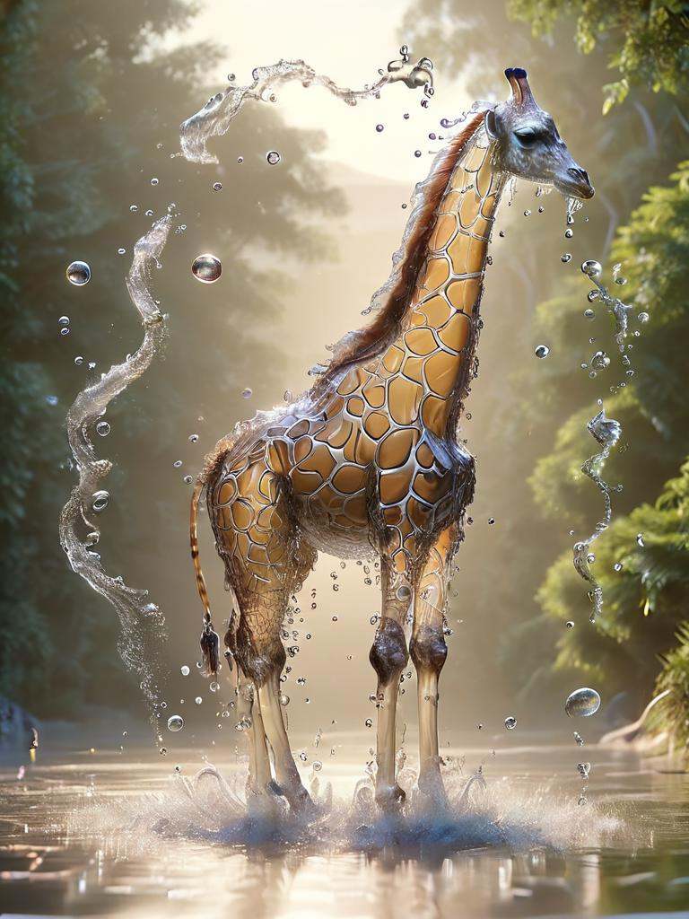 watce,  a giraffe made out of water is standing in the water with bubbles on Tensor.Art