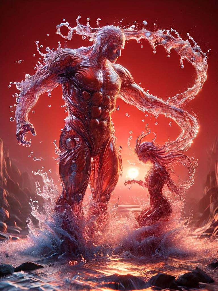 watce,  water elemental bloody red water a fight between monsters on Tensor.Art