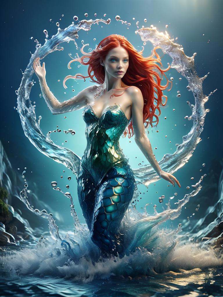 a surreal color portrait of a beautiful mermaid rising out of the sea,  red hair,  blue eyes on Tensor.Art
